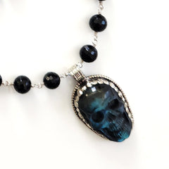 BLACK ONYX (10MM) NECKLACE WITH SKULL PENDANT-28"