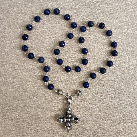 00--10MM LAPIS LAZULI NECKLACE W/ 925 SILVER DORJE PENDANT-26"
