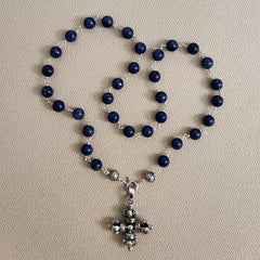 00--10MM LAPIS LAZULI NECKLACE W/ 925 SILVER DORJE PENDANT-26"