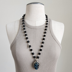BLACK ONYX (10MM) NECKLACE WITH SKULL PENDANT-28"