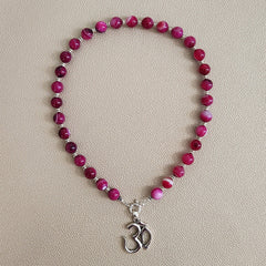 0--FUCHSIA STRIPE AGATE NECKLACE W/ OM PENDANT-18"