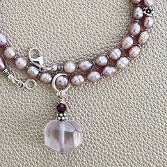 0--NATURAL PURPLE PEARL NECKLACE W/ ROSE QUARTZ DROP--16"
