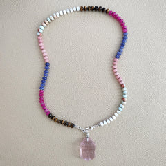 0--HAPPY IN HILO MULTI GEMSTONE NECKLACE W/ PINK BUDDHA--20"