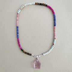 0--HAPPY IN HILO MULTI GEMSTONE NECKLACE W/ PINK BUDDHA--20"