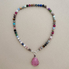 0--MIXED GEMSTONE NECKLACE W/ PINK HAPPY BUDDHA--18"