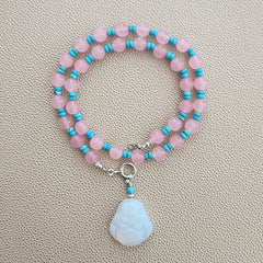 PINK JADE NECKLACE W/ HAPPY BUDDHA PENDANT-18"