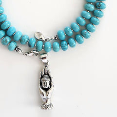 0--TURQUOISE NECKLACE W/ 925 HAND OF BUDDHA PENDANT--20"