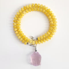 0--YELLOW JADE NECKLACE W/ PINK BUDDHA PENDANT--20"