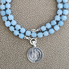 0--SKY BLUE JADE NECKLACE W/ 925 SAINT BENEDICT--18"