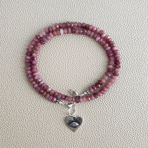 0--NATURAL PINK TOURMALINE NECKLACE W/ 925 EYE HEART--16"