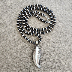 0--BLACK & WHITE TIBETAN AGATE NECKLACE WITH FEATHER PENDANT-28"
