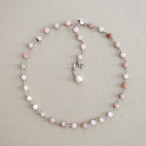 PINK OPAL NECKLACE WITH PEARL DROP--16"