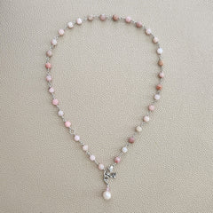 PINK OPAL NECKLACE WITH PEARL DROP--16"
