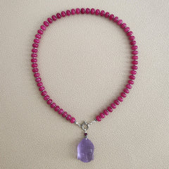 0--FUCHSIA JADE NECKLACE W/ BUDDHA PENDANT-18"