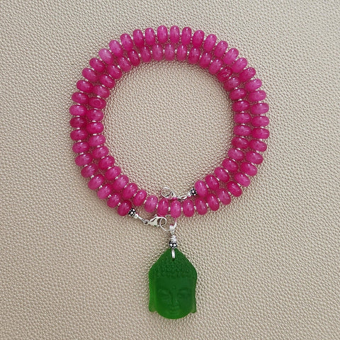 0--FUCHSIA JADE NECKLACE W/ GREEN BUDDHA PENDANT--20"