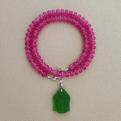 0--FUCHSIA JADE NECKLACE W/ GREEN BUDDHA PENDANT--20"