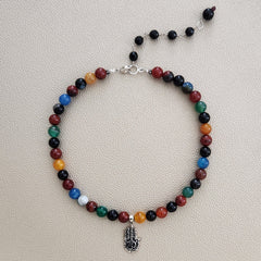 MIXED AGATE NECKLACE W/ 925 SILVER OM HAND--17-20"