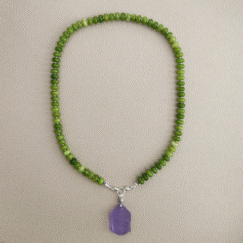 0--GREEN COLOR JADE NECKLACE W/ PURPLE BUDDHA--20"
