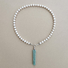 0--WHITE PEARL NECKLACE W/ AMAZONITE DROP--16"
