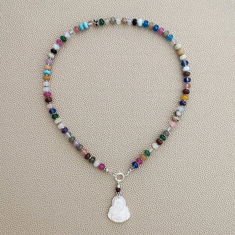 0--KAWAII MIXED GEMSTONE NECKLACE W/ HAPPY BUDDHA--16"