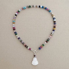 0--KAWAII MIXED GEMSTONE NECKLACE W/ HAPPY BUDDHA--16"