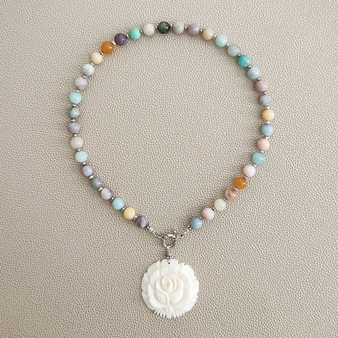 CHAKRA GEMSTONE NECKLACE W/ ROSE PENDANT-16"