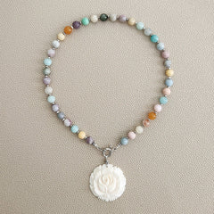 CHAKRA GEMSTONE NECKLACE W/ ROSE PENDANT-16"