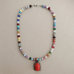 0--JELLYBEAN COLORS MIXED GEMSTONE NECKLACE W/ BUDDHA PENDANT-20"