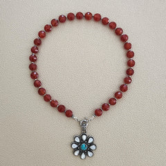 0--CARNELIAN NECKLACE W/ 925 FLOWER PENDANT--16"