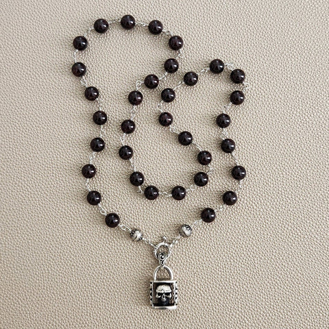 00--GARNET NECKLACE W/ 925 SILVER SKULL LOCK-24"