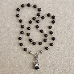 00--GARNET NECKLACE W/ 925 SILVER SKULL LOCK-24"