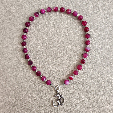 0--FUCHSIA STRIPE AGATE NECKLACE W/ OM PENDANT-18"