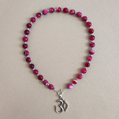 0--FUCHSIA STRIPE AGATE NECKLACE W/ OM PENDANT-18"