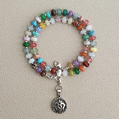 0--MIXED GEMSTONE NECKLACE IN JELLYBEAN COLORS W/ OM PENDANT-18"