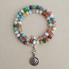 0--MIXED GEMSTONE NECKLACE IN JELLYBEAN COLORS W/ OM PENDANT-18"