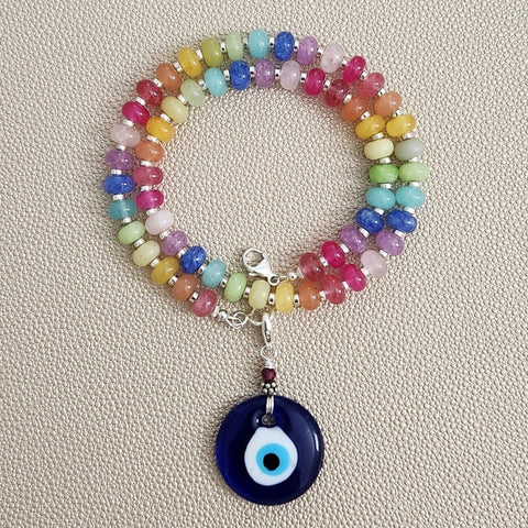 0--KALEIDOSCOPE MULTI-COLOR JADE NECKLACE W/ EYE PENDANT--18"