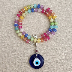 0--KALEIDOSCOPE MULTI-COLOR JADE NECKLACE W/ EYE PENDANT--18"
