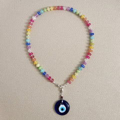 0--KALEIDOSCOPE MULTI-COLOR JADE NECKLACE W/ EYE PENDANT--18"