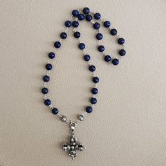 00--10MM LAPIS LAZULI NECKLACE W/ 925 SILVER DORJE PENDANT-26"