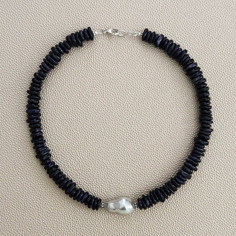 0--MIDNIGHT HOUR BLUE SANDSTONE NECKLACE W/ FLAMEBALL PEARL-16"