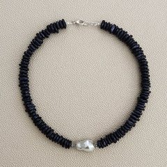0--MIDNIGHT HOUR BLUE SANDSTONE NECKLACE W/ FLAMEBALL PEARL-16"