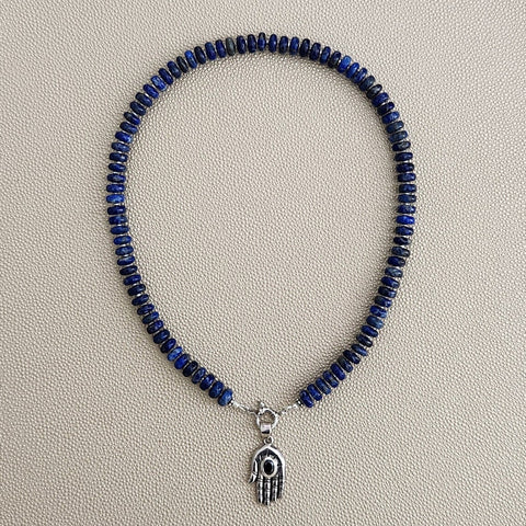 0--LAPIS NECKLACE W/ 925 HAND PENDANT--18"