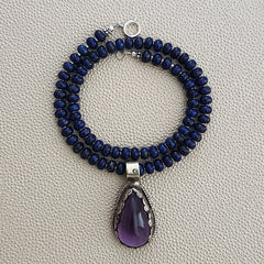0--LAPIS LAZULI NECKLACE W/ AMETHYST PENDANT--16"