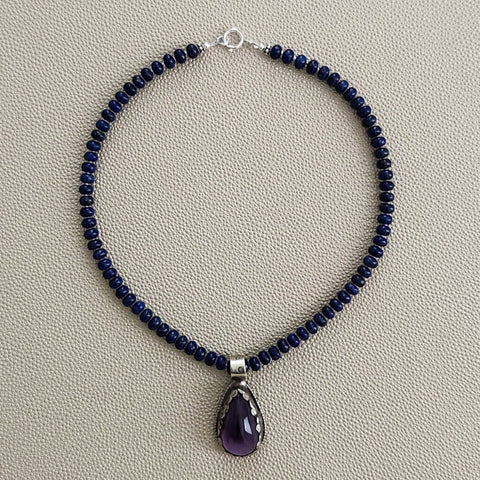0--LAPIS LAZULI NECKLACE W/ AMETHYST PENDANT--16"