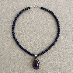 0--LAPIS LAZULI NECKLACE W/ AMETHYST PENDANT--16"