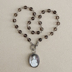 0--SMOKY QUARTZ NECKLACE WITH KWAN YIN PENDANT-18"