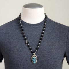 BLACK ONYX (10MM) NECKLACE WITH SKULL PENDANT-28"