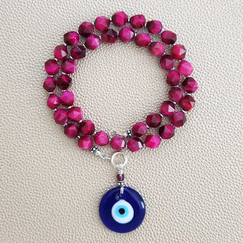 0--PINK TIGERS EYE NECKLACE W/ EYE PENDANT--16"