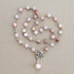 PINK OPAL NECKLACE WITH PEARL DROP--16"