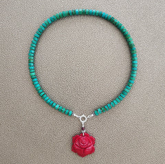 0--GREEN TURQUOISE HEISHI NECKLACE WITH ROSE PENDANT--16"